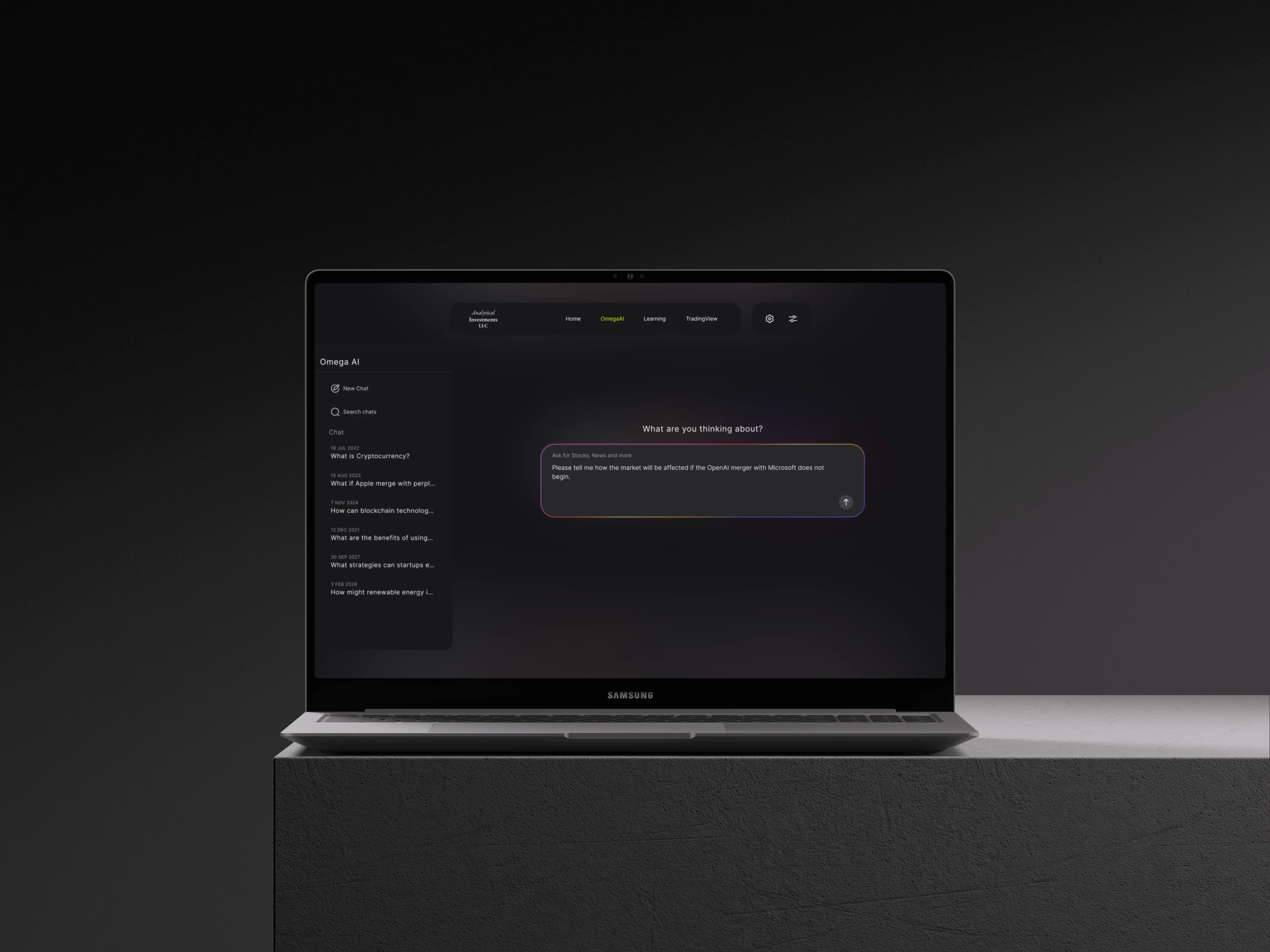 AI and machine learning product design mockup showing intelligent dashboard, data visualization, and conversational interface