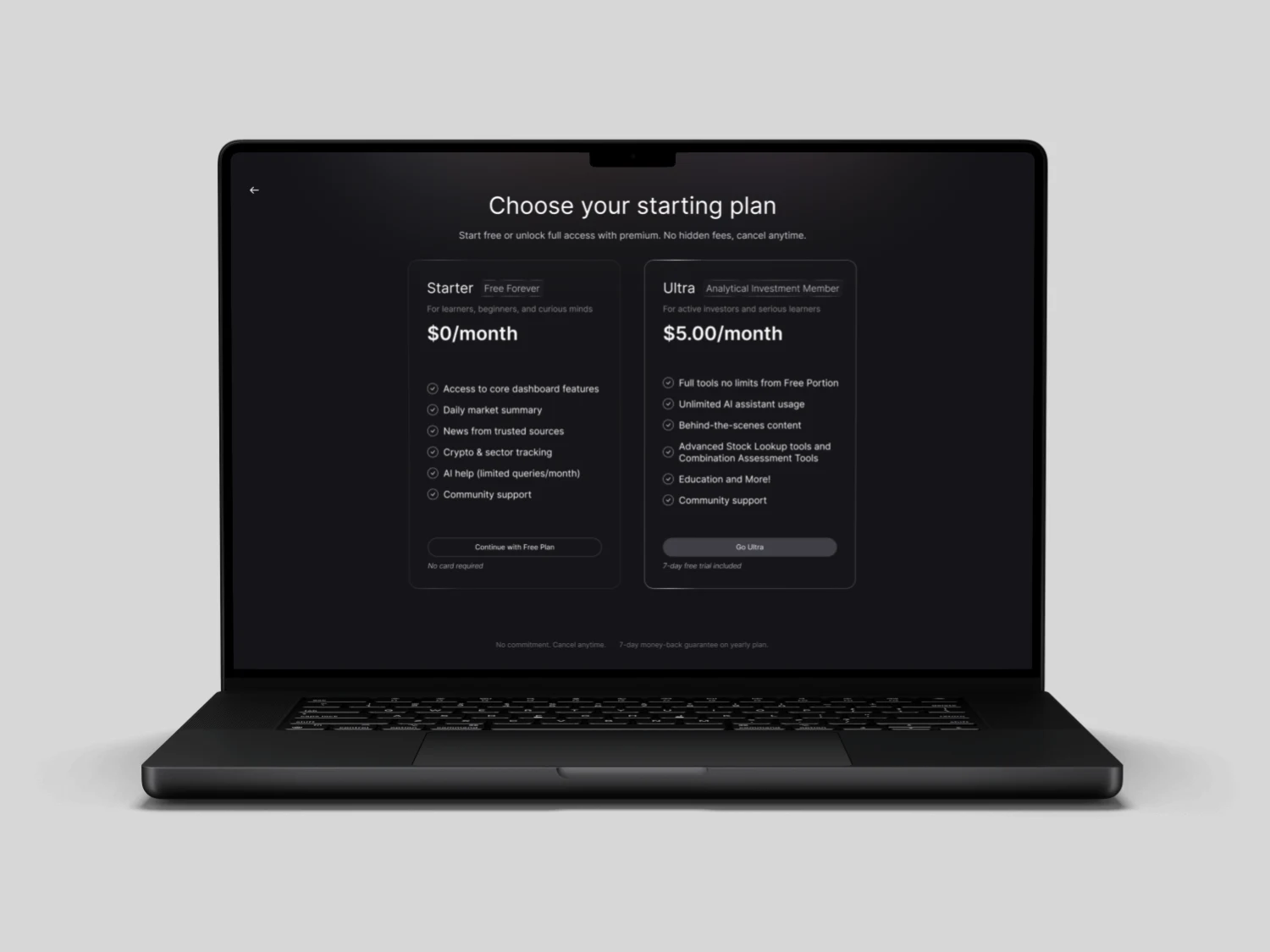 Fintech and trading platform design mockup showing financial dashboard, investment analytics, and data-focused interface