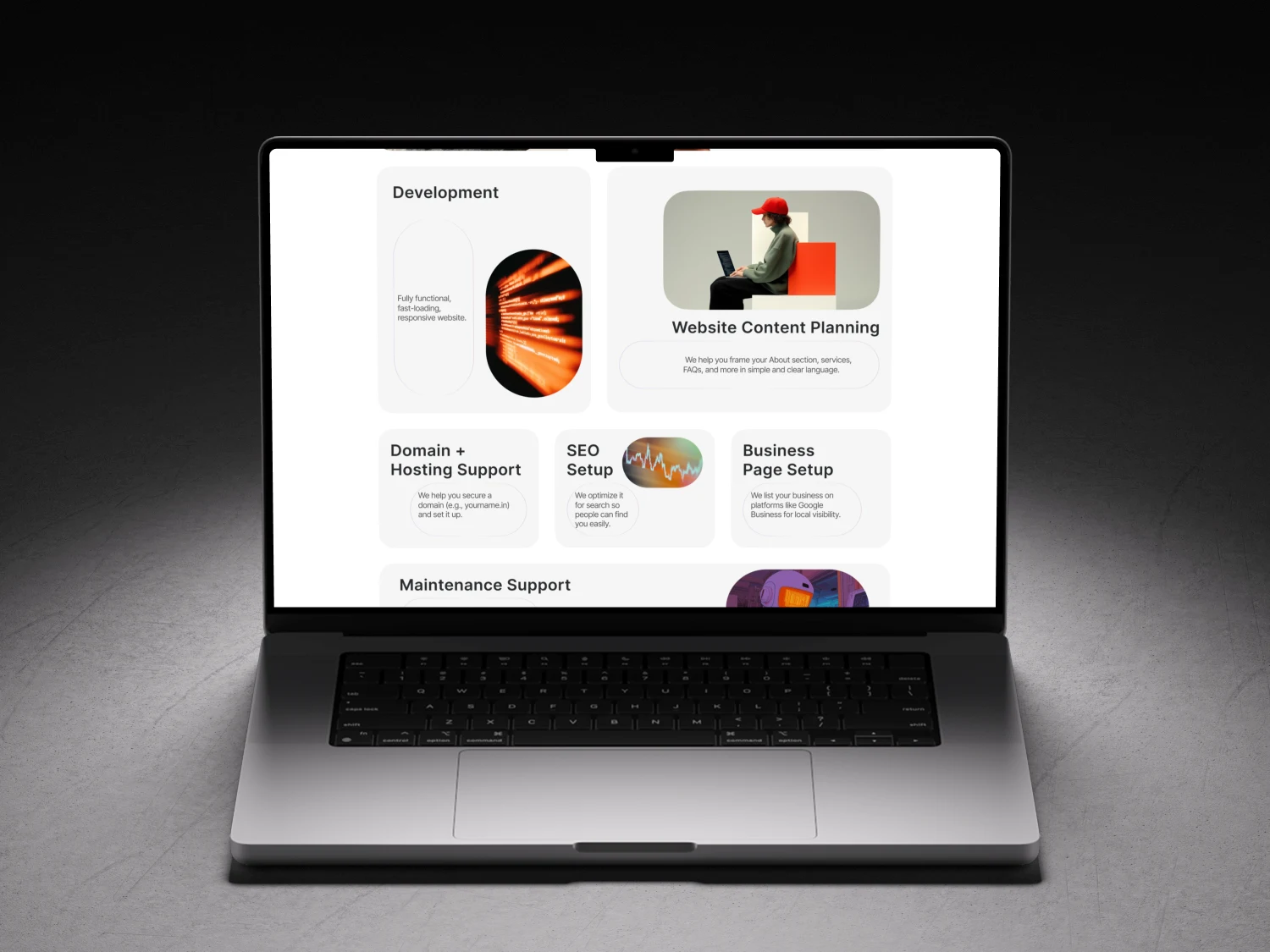 Professional services design mockup showing credibility-focused brand identity system and clean business website for a consulting or service firm